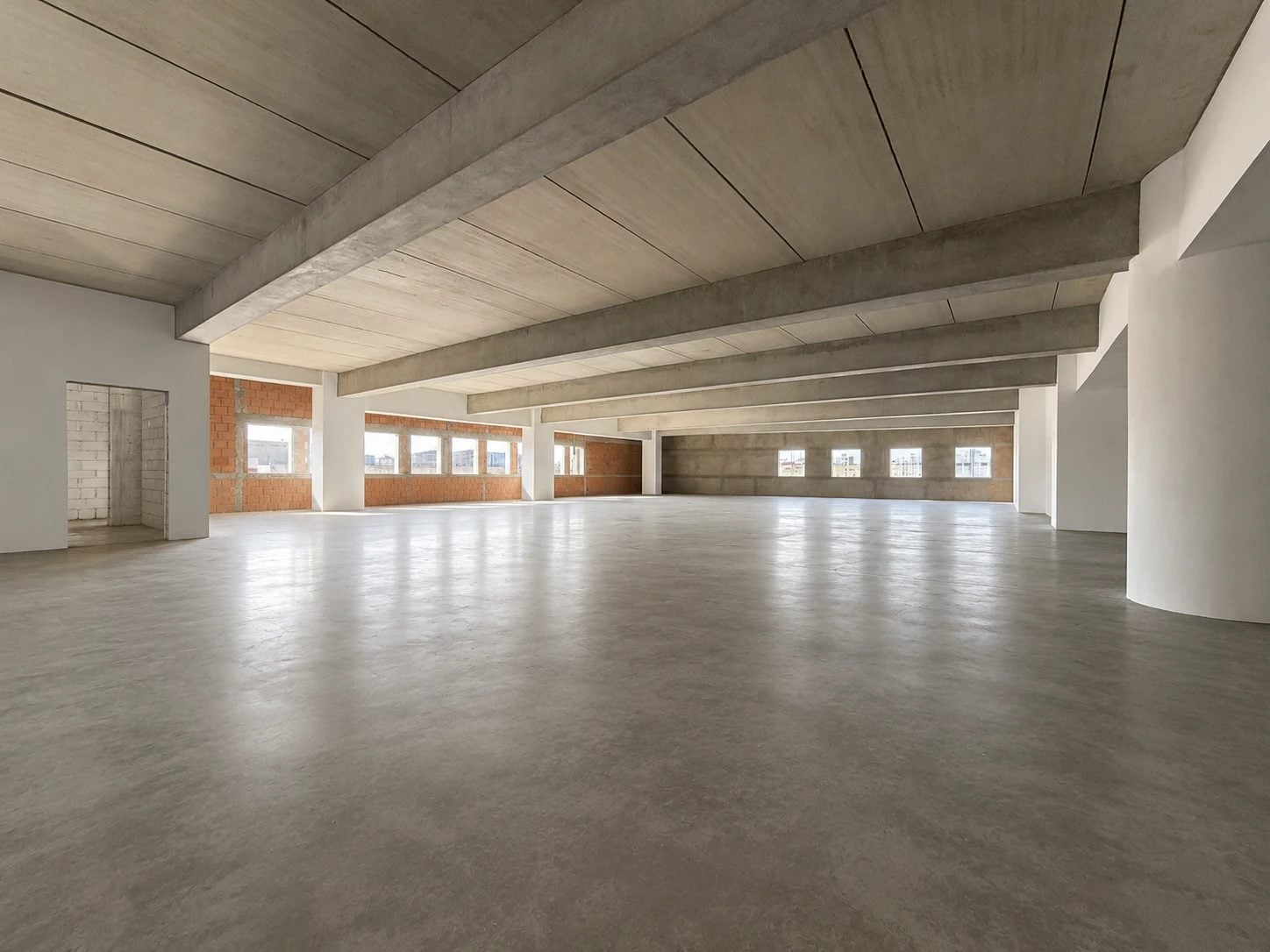Étage en chantier : plateau béton avec fenêtres en bandeau et poutres apparentes