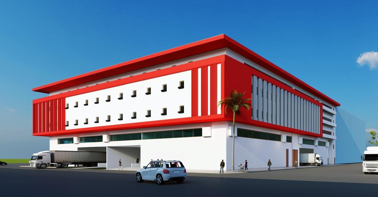 Rendu 3D du bâtiment TBER BUILDING en vue d'ensemble : façades rouges et blanches, quais de chargement et camions